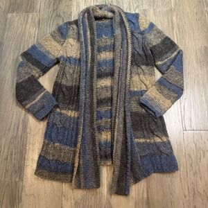 Iperico‎ Italy Made Cardigan Wool Blend Sweater Blue Tan Grey Stripe Cable Knit